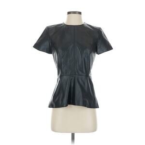 Neiman Marcus Leather Peplum Top Shirt Black Crew Neck Rear Zipper Small